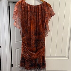 100% Silk Elegant Burnt Orange Patterned Women's Dress